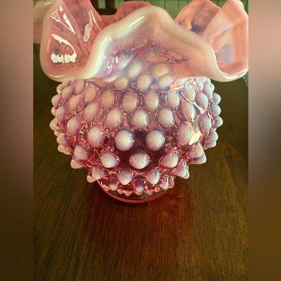 Fenton Cranberry Opalescent Hobnail Double Crimped Rose Bowl Vase Vintage - Picture 2 of 12
